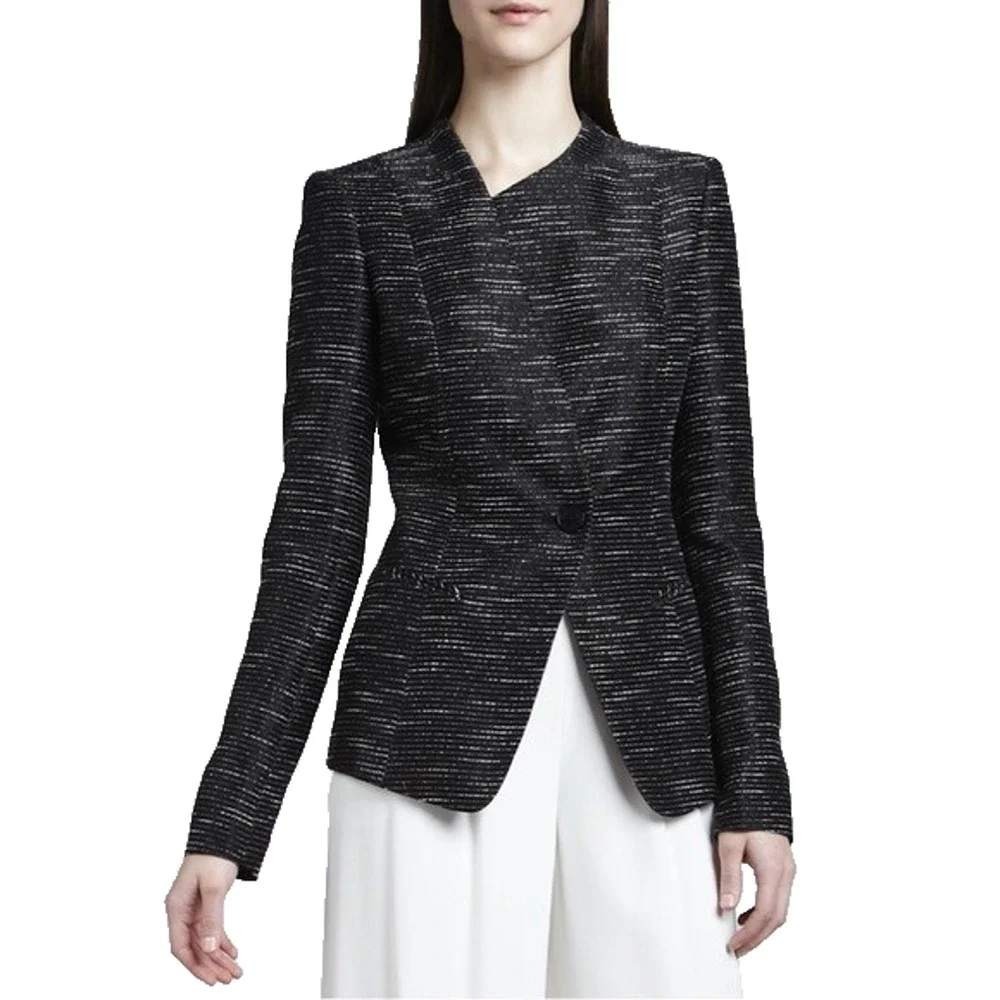 Lafayette 148 Asymmetric Lapel Tweed Blazer Jacket 16W Black White Silk Blend
